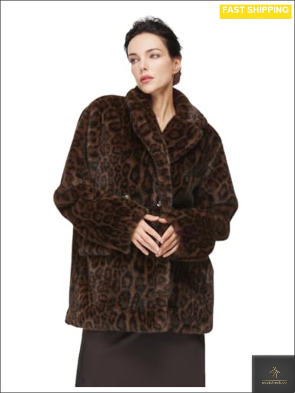 Faux Fur Leopard Print Coat Long Sleeve Button Winter Party Jacket